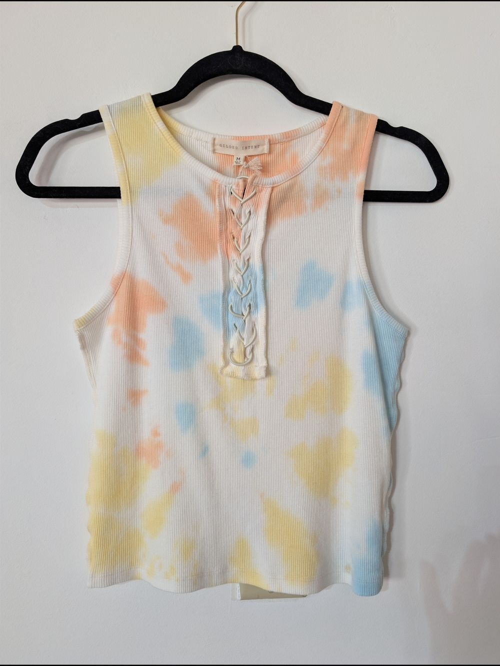 NWT Multi Tie-Dye Lace-Up Ribbed Crop Tank‎ Top 100% Cotton Boho Festival Y2K